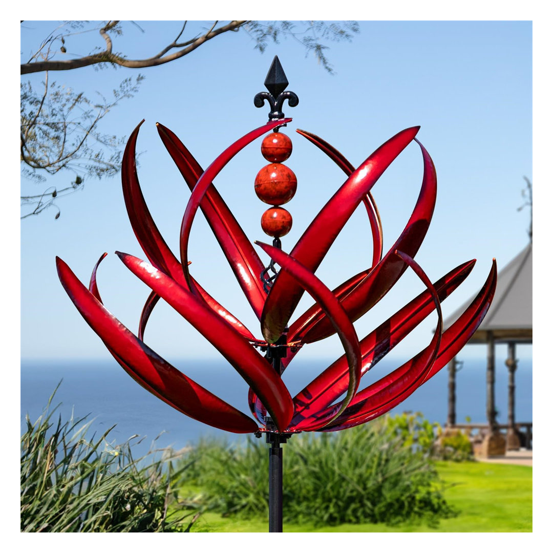 Large 91" Burgundy Lotus Metal Wind Spinner for Outdoor Garden Decor